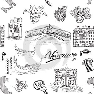 Venice Italy seamless pattern. Hand drawn sketch with map of Italy, gondolas, gondolier clothes, carnival venetian masks, houses,