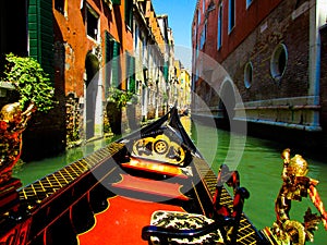 VENICE, ITALY - SEPTEMBER 19. 2018: Gondola boat trip on venetian grand and small chanels