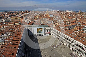 Aerial view of the St Mark`s Square Piazza San Marco from St Mark`s Campanile bell tower in Venice