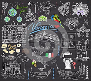 Venice Italy sketch elements. Hand drawn set with flag, map, gondolas gondolier clothe, houses, pizza, traditional sweets, carniva