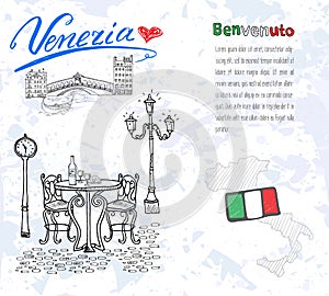 Venice Italy sketch elements. Hand drawn set with flag, map, gondolas, houses, market bridge. Lettering Venice, welcome in Italian photo
