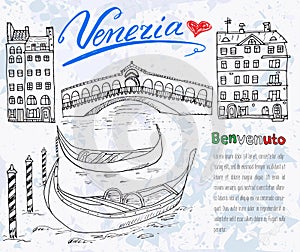 Venice Italy sketch elements. Hand drawn set with flag, map, gondolas, houses, market bridge. Lettering Venice, welcome in Italian photo