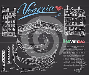 Venice Italy sketch elements. Hand drawn set with flag, map, gondolas, houses, market bridge. Lettering Venice, welcome in Italian photo