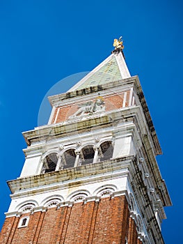 Venice, Italy, St. Mark`s Square Piazza San Marco detail of Bell Tower of Saint Mark