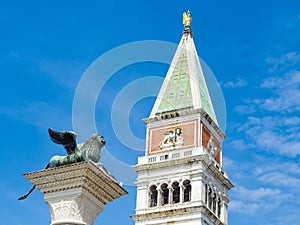 Venice, Italy, St. Mark`s Square Piazza San Marco detail of Bell Tower of Saint Mark