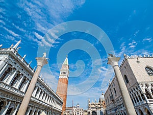 Venice, Italy, super wide angle of St. Mark`s Square Piazza San Marco with view of Cathedral and Bell Tower of Saint Mark