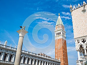 Venice, Italy, super wide angle of St. Mark`s Square Piazza San Marco with view of Cathedral and Bell Tower of Saint Mark