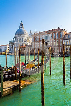 Gondolas mooring at Grand Canal Canale Grande Venice Italy