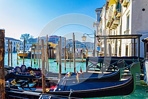 Gondolas station at Grand Canal Canale Grande Venice Italy