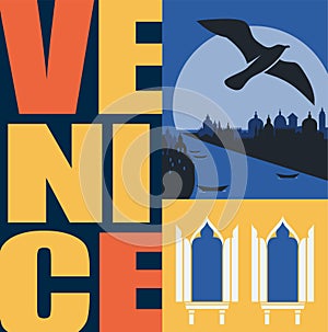 Venice, Italy vector illustration, postcard. Travel to Venice modern flat graphic design element