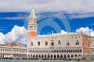 Venice landmark, view from sea of Piazza San Marco or st Mark square, Campanile and Ducale or Doge Palace. Italy