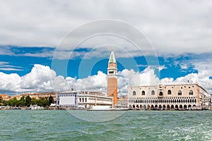 Venice landmark, view from sea of Piazza San Marco or st Mark square, Campanile and Ducale or Doge Palace. Italy