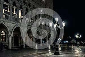 Venice at night, Italy. Doge`s Palace or Palazzo Ducale on St Mark`s square in the Venice city center