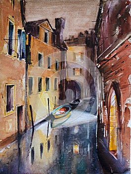 Venice at night watercolors painted
