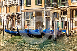 Venice palace with gondolas moored, Grand Canal, Italy