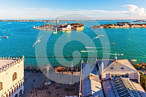 Venice panorama from the Campanile, Roofs of the dome and San Giorgio Maggiore island, Italy