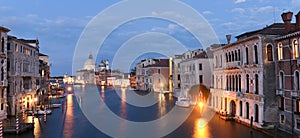 Venice panorama at night with Grand Canal and Basilica Santa Mar photo
