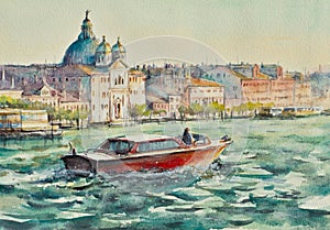 Venice panorama with torboat in foreground watercolors painted.