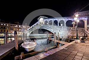 Venice Rialto Bridge. Night cityscape panorama