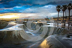 The Venice Skate Park at sunset