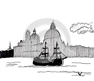 Venice skylines, travel sketch, graphic black and white drawing