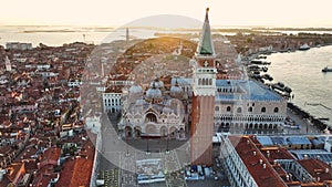 Venice sunrise, aerial view of Campanile di San Marco or St Mark's belfry, Italy