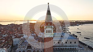 Venice sunrise, aerial view of Campanile di San Marco or St Mark's belfry, Italy