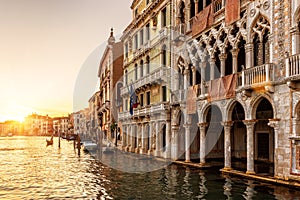 Venice at sunset, Italy. Ca` d`Oro palace Golden House in foreground
