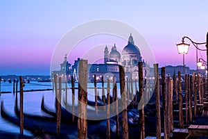 Venice sunset panorama. Twilight seascape, romantic purple sky