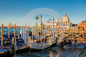 Venice traditional Gondolas on Canal Grande on San Marco square at sunrise,