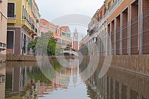 Venice Vacharaphol with canal in Bangkok City, Thailand in Italian concept. Italy town. Europe architecture. Tourist attraction