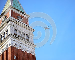 Venice, VE, Italy - February 13, 2024: Helicopter of the Italian police flying over Saint Mark Square