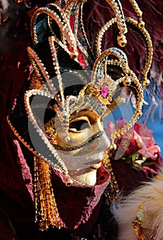 Venice, VE, Italy - February 13, 2024: person with a decorated ancient court jester mask at the Venetian carnival
