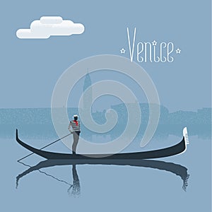 Venice, Venezia skyscrape view with gondolier vector illustration