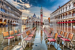 Venices Piazza San Marco Flooded Empty Chairs and Natures Force a Powerful Documentary Image photo