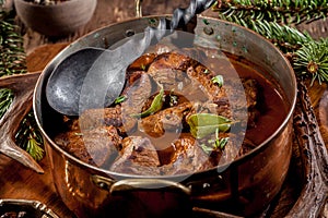 Venison Goulash Stew in Pot with Serving Spoon