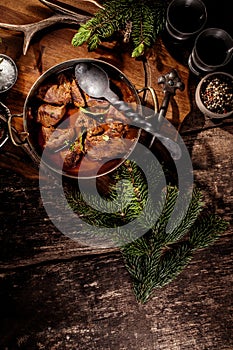 Venison Goulash Stew in Pot with Serving Spoon