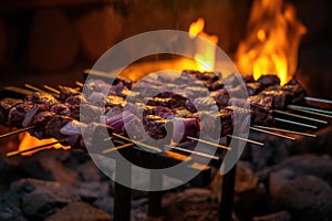 venison kabobs roasting on a stick above glowing embers