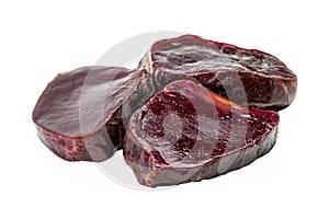 Venison steaks, dark red and lean, on a white background photo