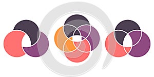 Venn Diagram Color Infographic Set. Three and Four Intersected Circle Infographic. 3, 4 Circles Chart Concept. Diagram