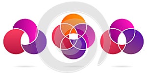 Venn Diagram Color Round Set. Three, Four Intersected Circle Infographic. 3, 4 Circles Chart Concept. Diagram Venn