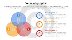 venn diagram infographic template banner with big circle create triangle shape with 3 point list information for slide
