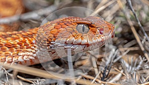 Venomous serpent in aggressive stance, ready to attack in vast arid desert landscape