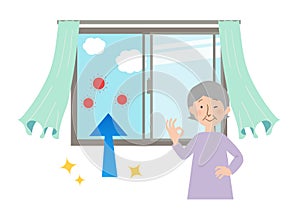 Ventilate by opening a grandma and windows and curtain shakes vector illustrations