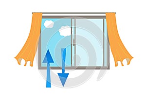 Ventilate by opening a window and curtains sway vector illustrations