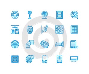 Ventilation equipment flat line icons. Air conditioning, cooling appliances, exhaust fan. Household and industrial