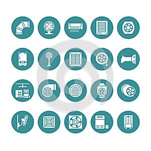 Ventilation equipment glyph icons. Air conditioning, cooling appliances, exhaust fan. Household and industrial