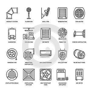 Ventilation equipment line icons. Air conditioning, cooling appliances, exhaust fan. Household and industrial ventilator