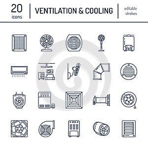 Ventilation equipment line icons. Air conditioning, cooling appliances, exhaust fan. Household and industrial ventilator