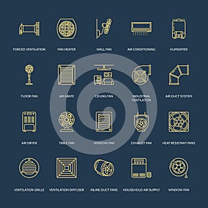 Ventilation equipment line icons. Air conditioning, cooling appliances, exhaust fan. Household and industrial ventilator